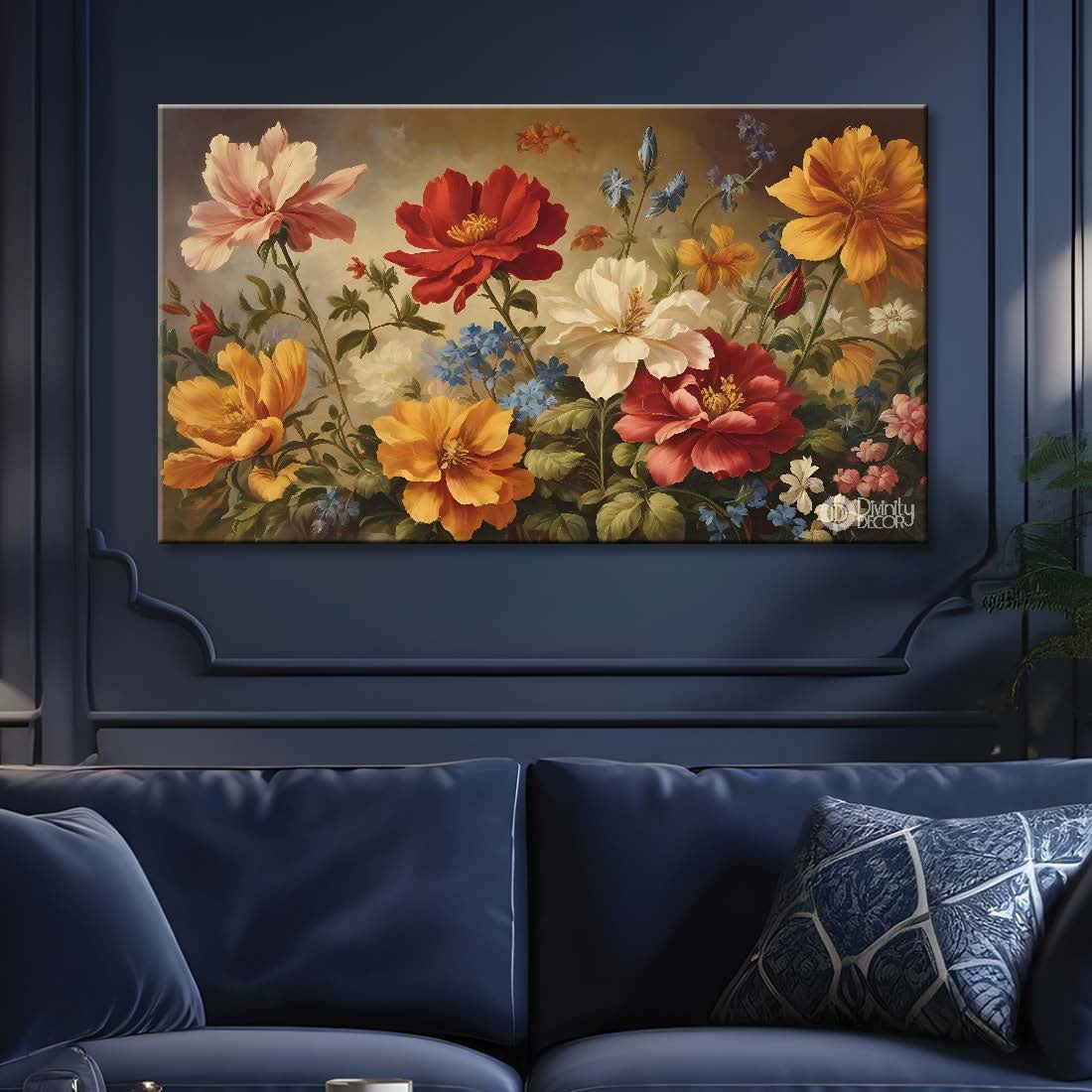 Red and orange flowers in light brown background canvas painting- Flower-662