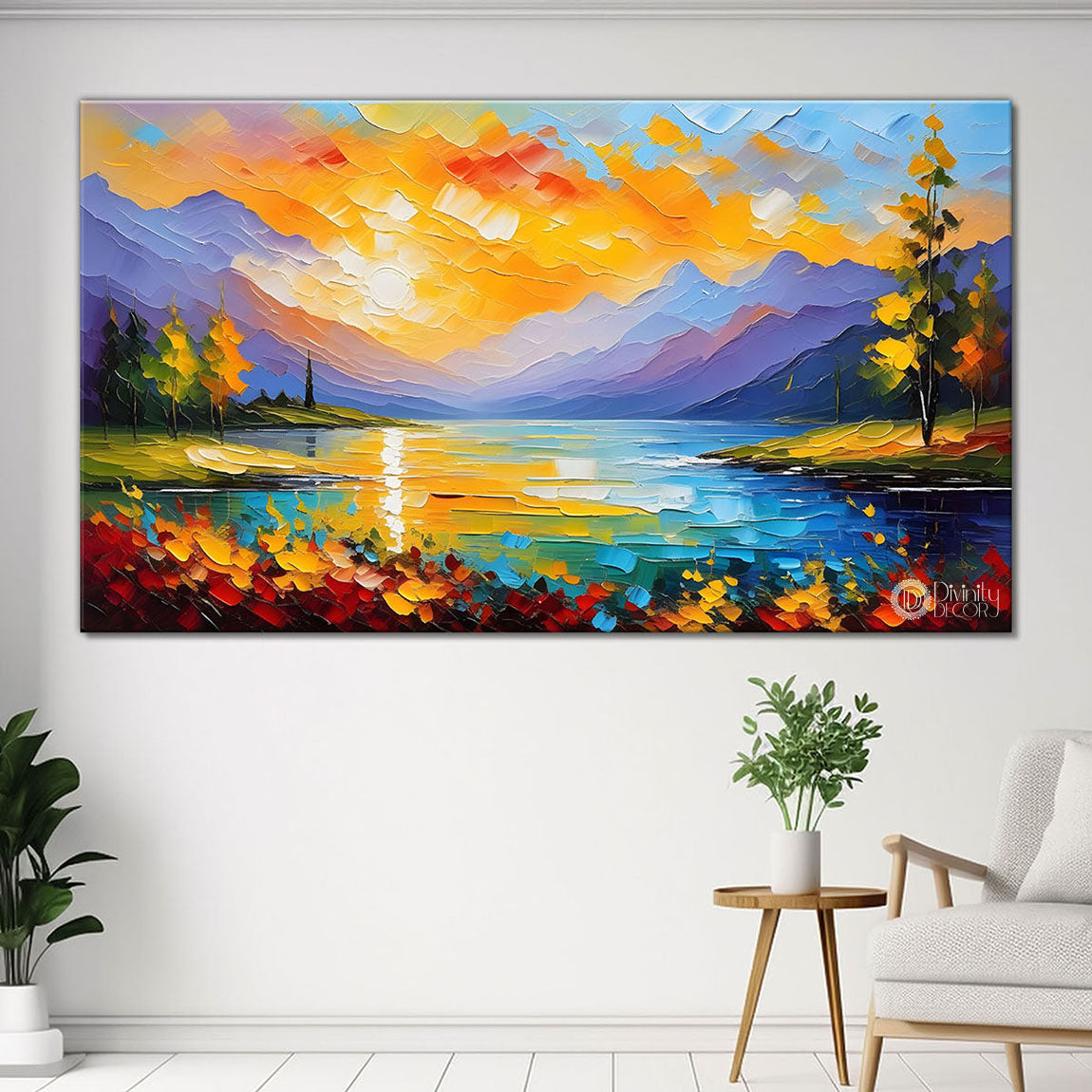 Mountains with colorful flowers and lake painting Canvas Painting - Nature Art -663