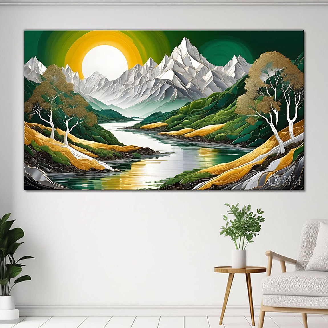 Mountains with sun and trees in green textured painting Canvas Painting - Nature Art -665