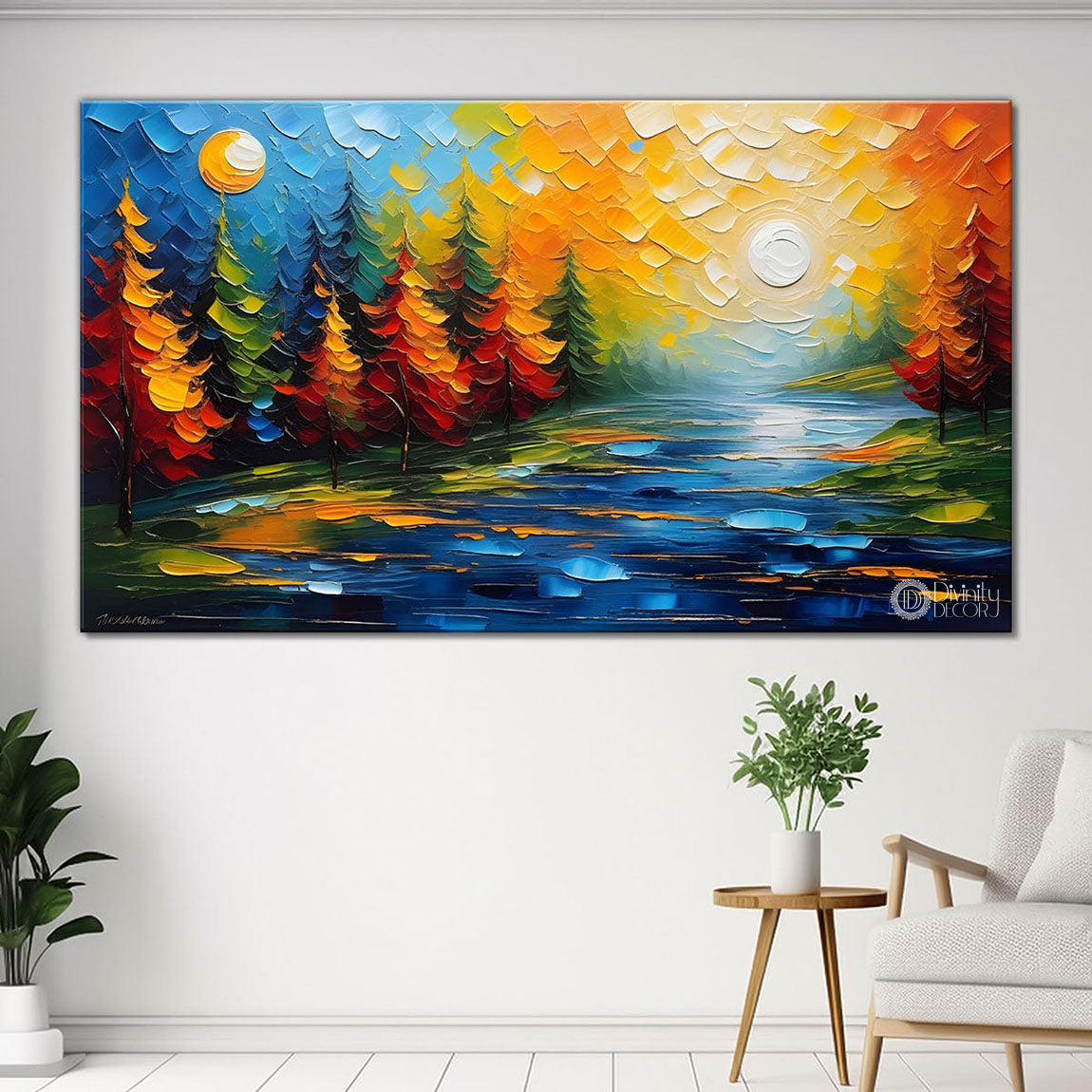 Orange trees with lake textured painting Canvas Painting - Nature Art -666