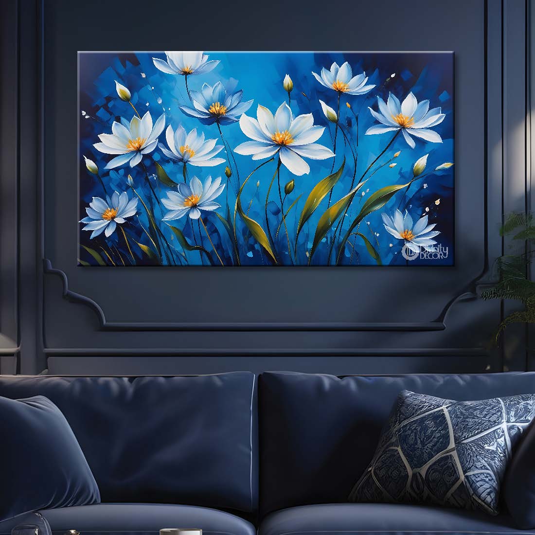 White flowers in blue background canvas painting- Flower-667