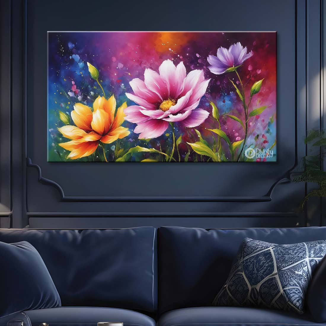 Pink and yellow flowers in pink background canvas painting- Flower-669