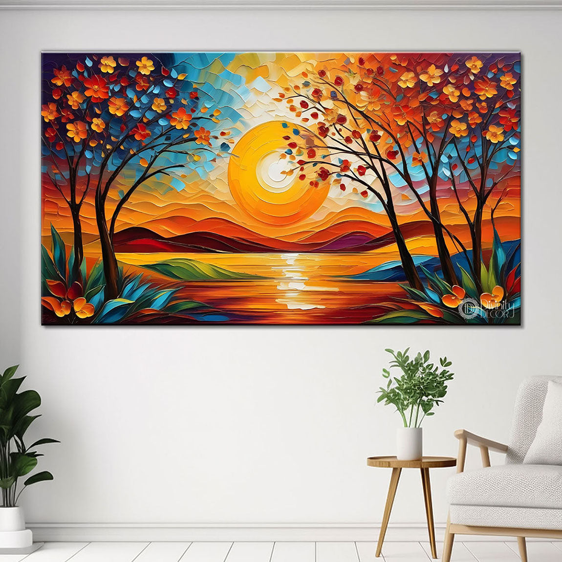 Orange trees with sunrise and lake painting Canvas Painting - Nature Art -669