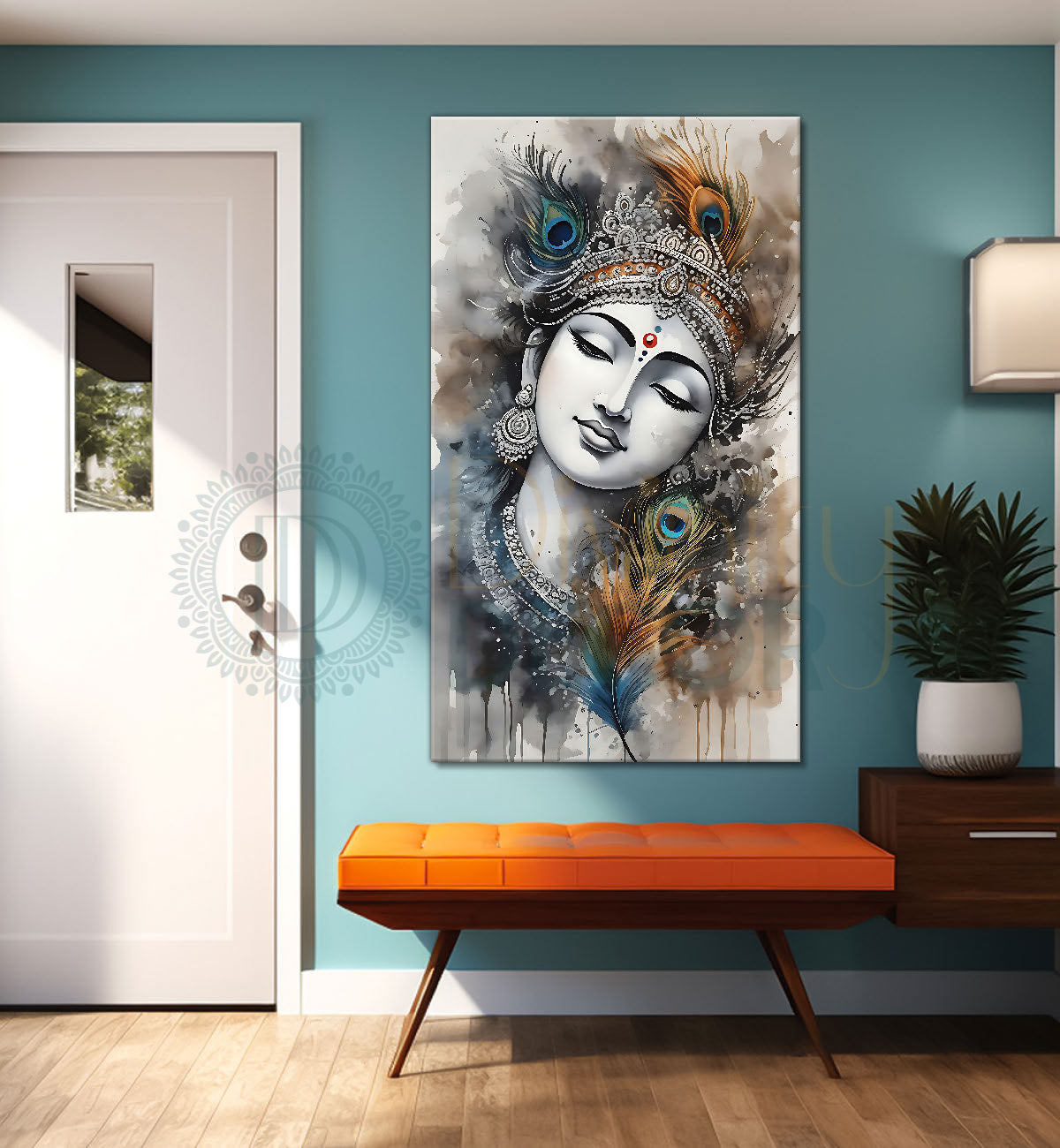 Blue face of krishna in grey and light brown water colour textured art Canvas Painting - Design - Krishna-V-66