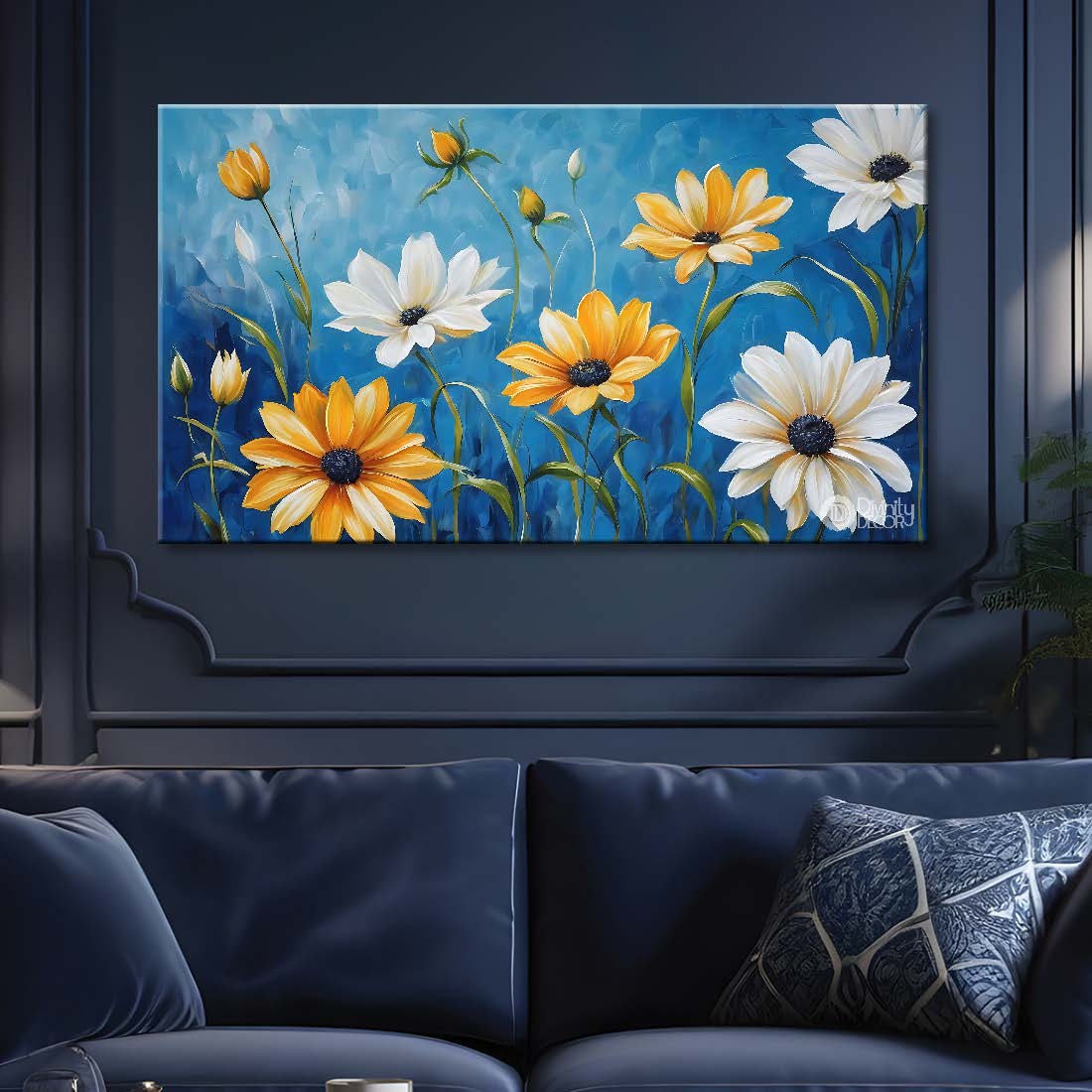 White and yellow flowers in blue background canvas painting- Flower-670