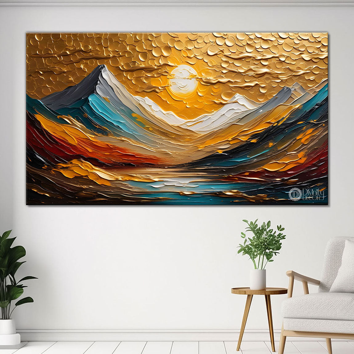 Mountains with sun and lake painting Canvas Painting - Nature Art -670