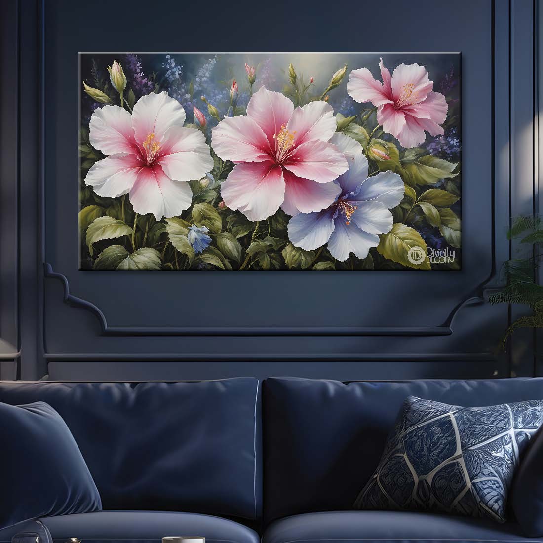 Pink flowers in grey background canvas painting- Flower-671