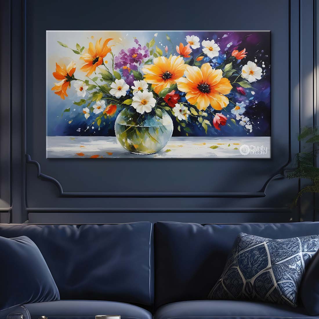 Yellow and white flowers in a vas in grey background canvas painting- Flower-672