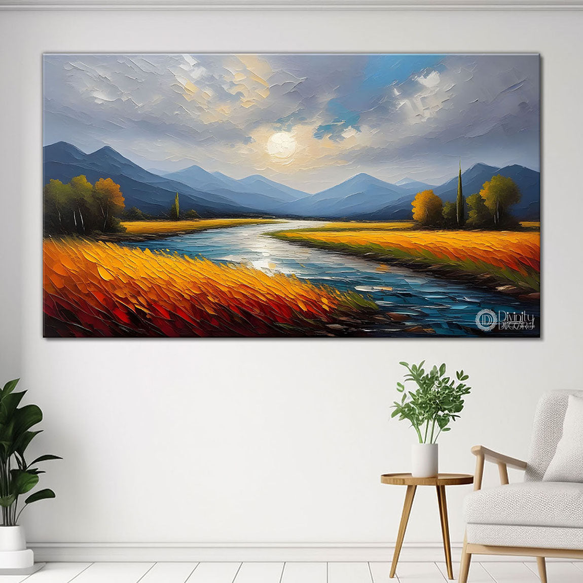 Colorful flowers with lake textured painting Canvas Painting - Nature Art -672