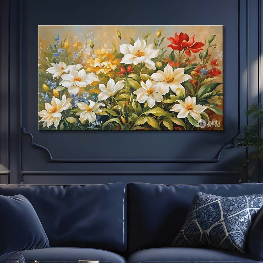 White flowers in light background canvas painting- Flower-673