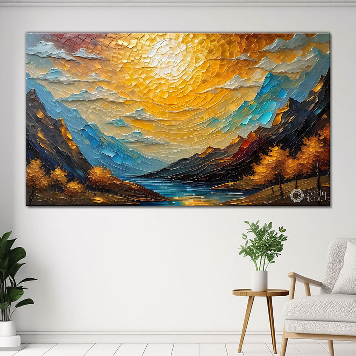 Mountains with sun textured painting Canvas Painting - Nature Art -673
