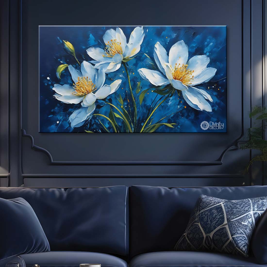 White flowers in navy blue background canvas painting- Flower-674