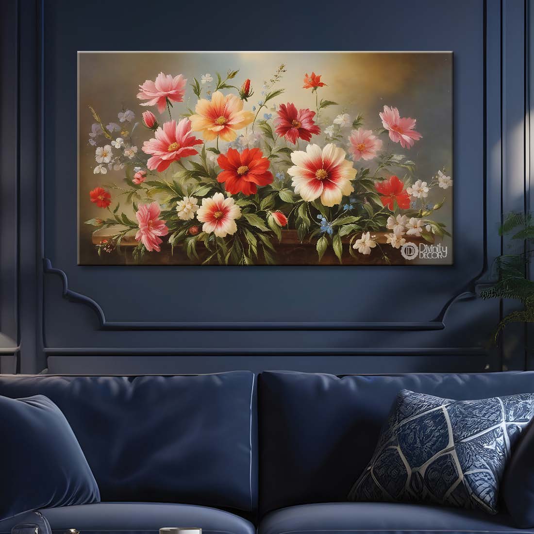Pink flowers in light brown background canvas painting- Flower-675