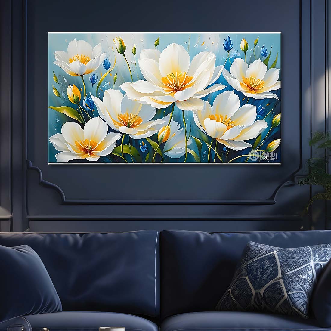 White flowers in sky blue background canvas painting- Flower-676
