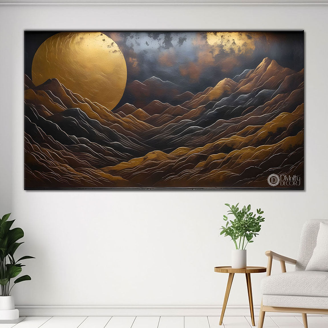 Mountains with golden moon painting Canvas Painting - Nature Art -676