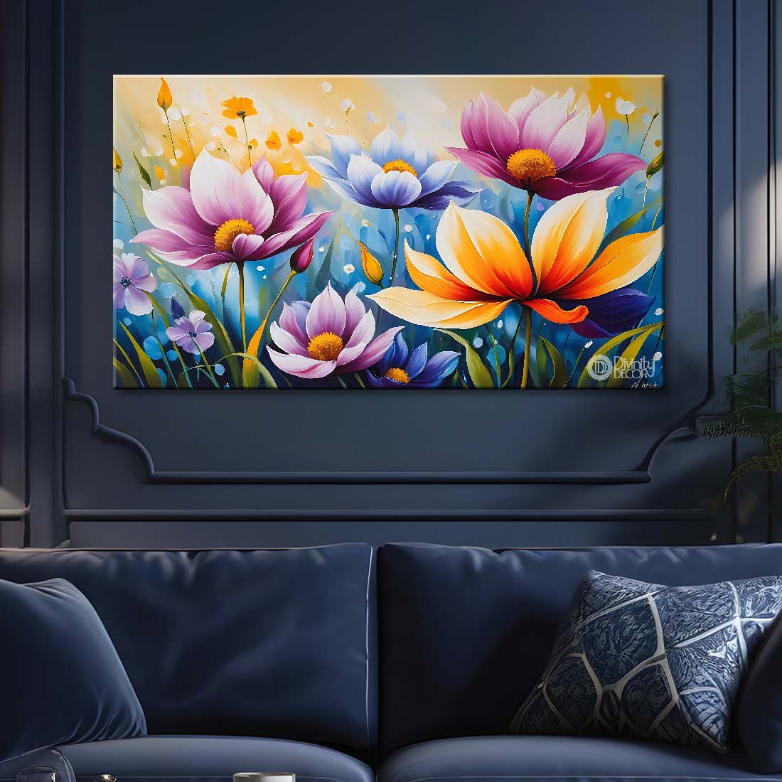 Colorful flowers in light background canvas painting- Flower-677