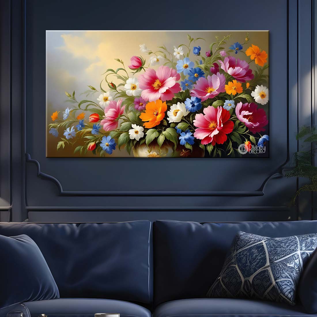 Colorful flowers in grey background canvas painting- Flower-678