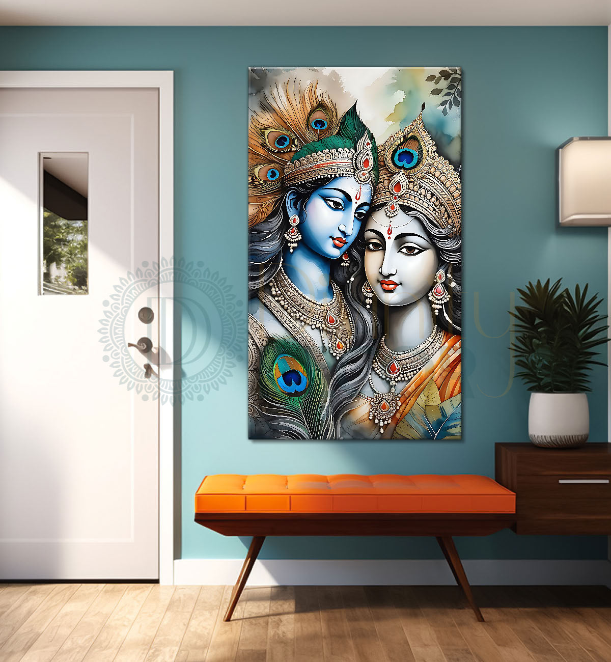 Blue face of krishna with radha in grey and light brown water colour textured art Canvas Painting - Design - Krishna-V-67