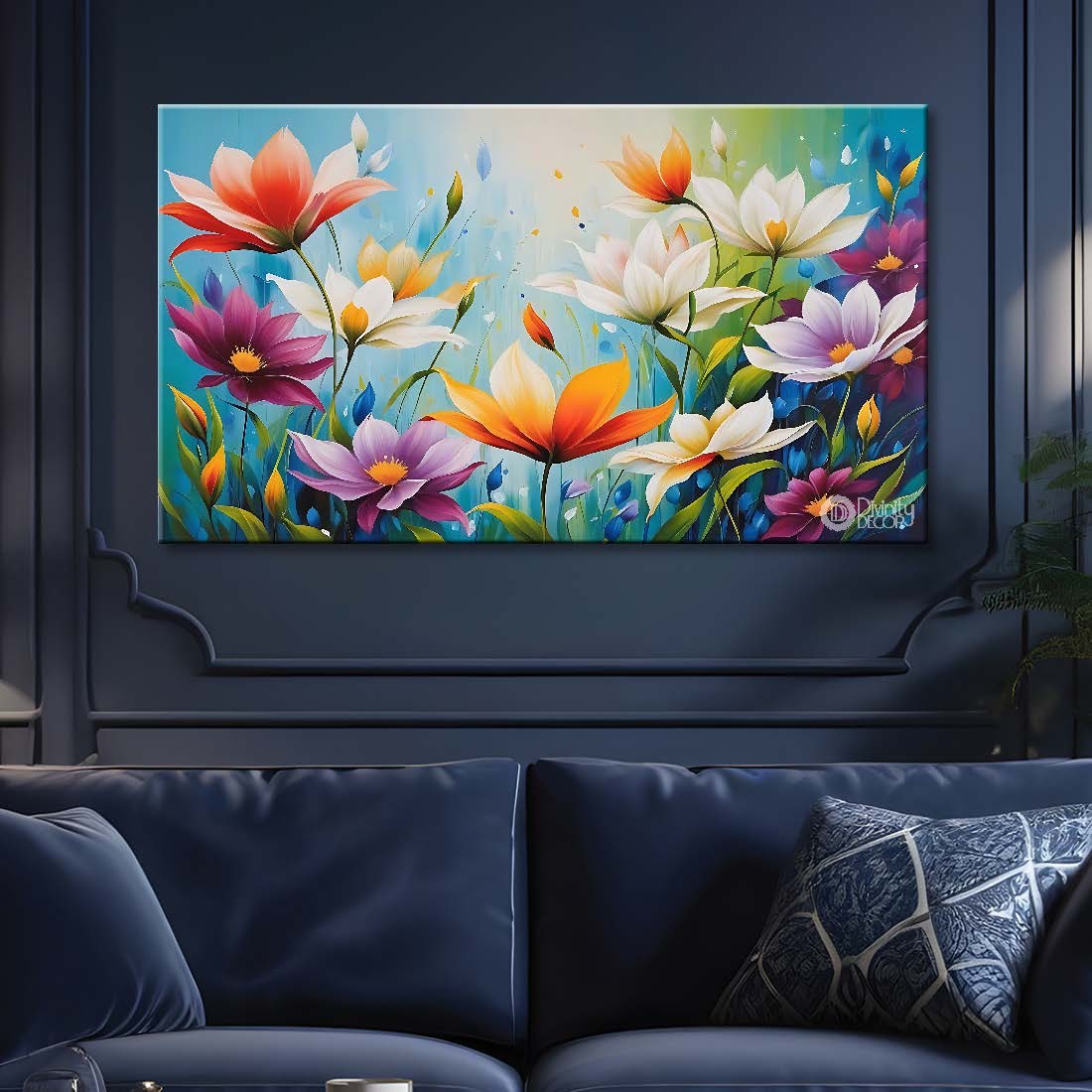 Colorful flowers in sky blue background canvas painting- Flower-680