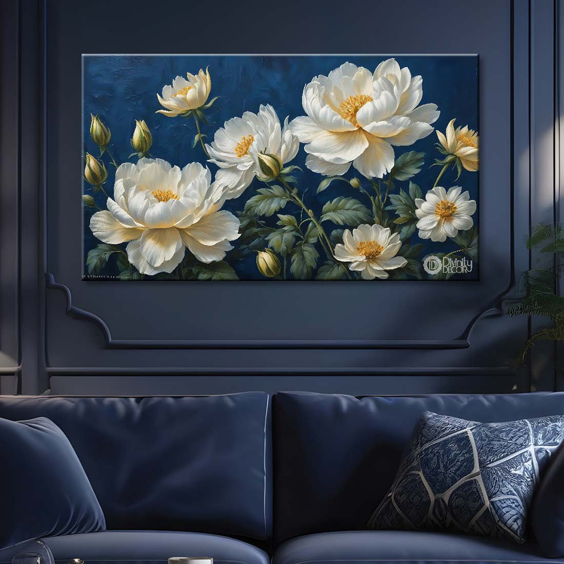 White flowers in navy blue background canvas painting- Flower-682