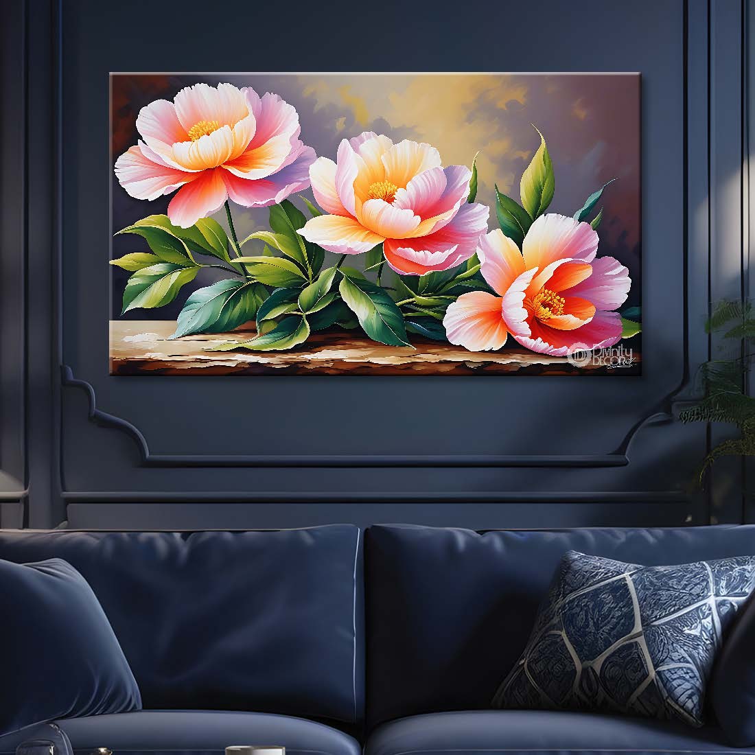 Pink flowers in grey background canvas painting- Flower-683