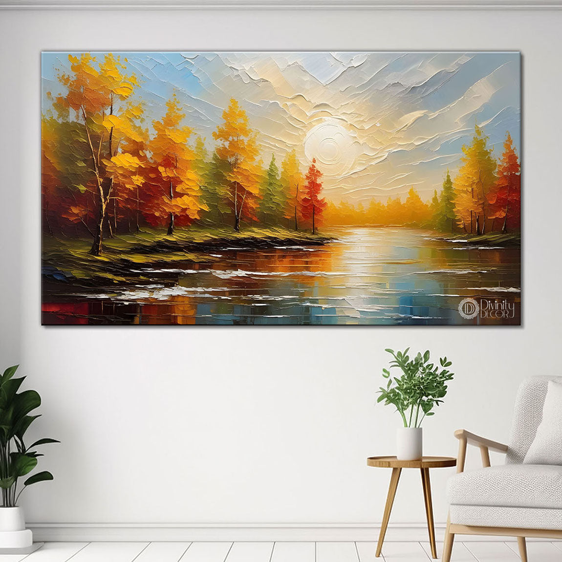 Orange trees with river painting art Canvas Painting - Nature Art -683