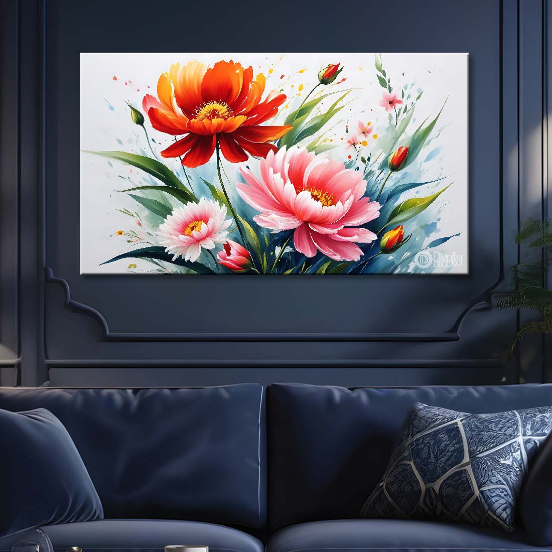 Pink flowers in white background canvas painting- Flower-684