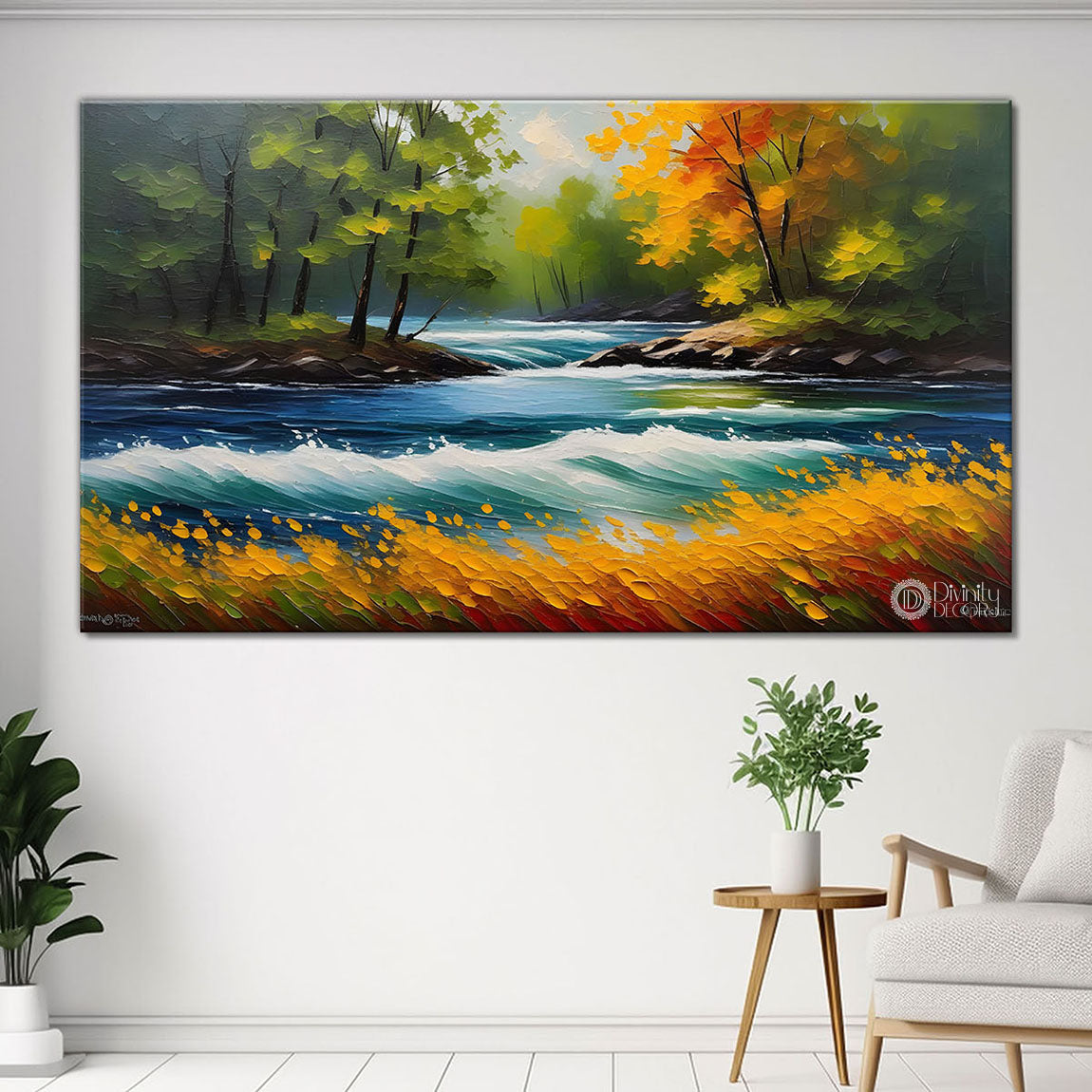 River with greenery painting art Canvas Painting - Nature Art -684
