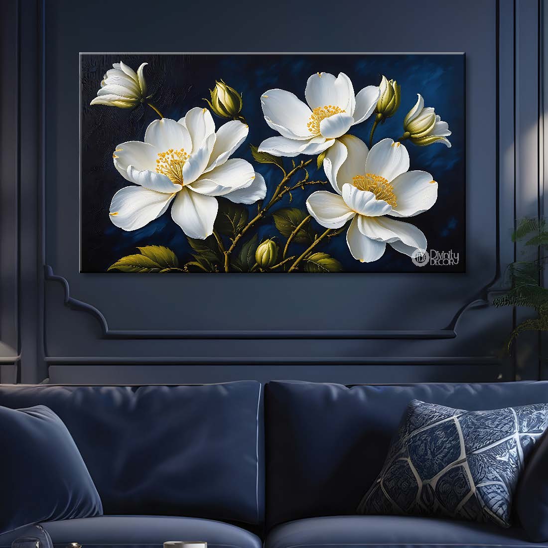 White flowers in black background canvas painting- Flower-686