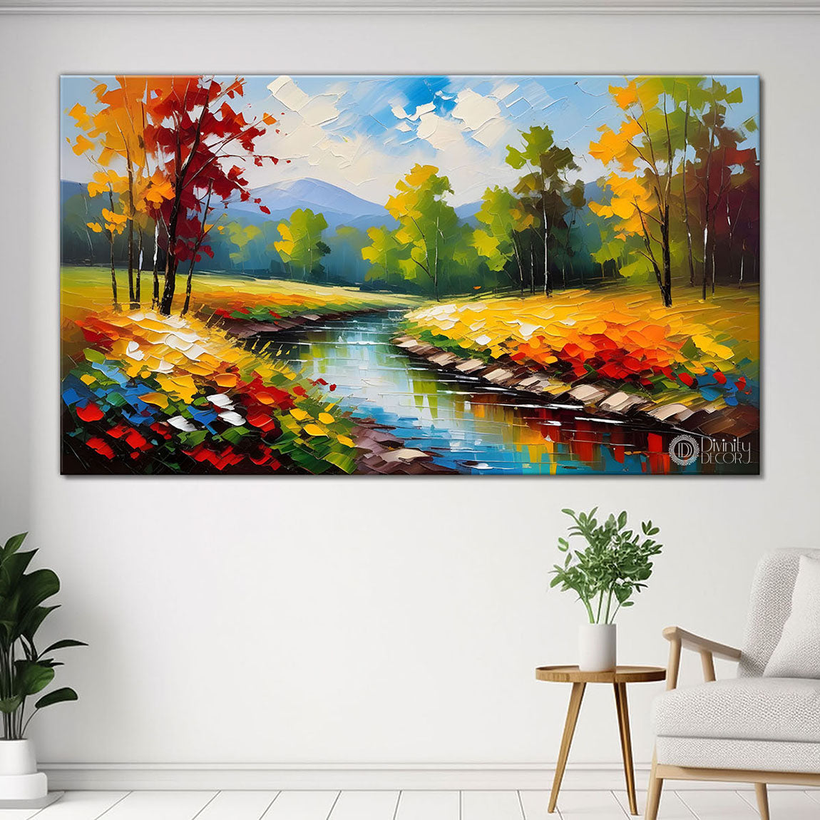 Greenery with lake and flowers painting Canvas Painting - Nature Art -686