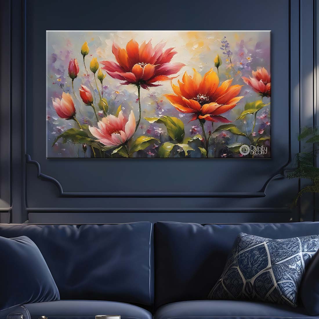 Orange flowers in grey background canvas painting- Flower-687