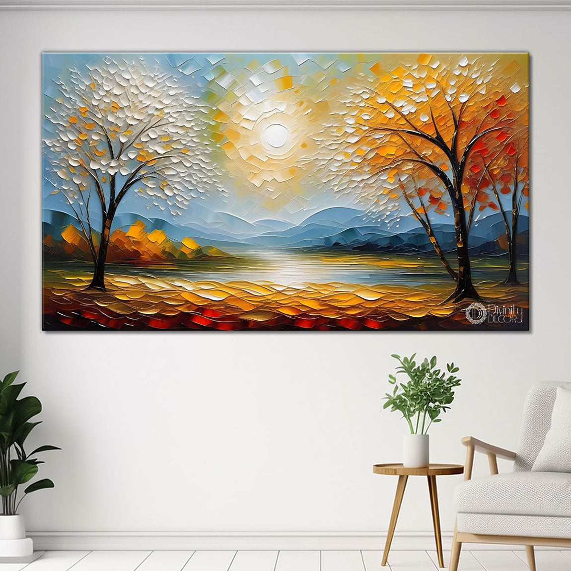 Orange trees with land and sun painting Canvas Painting - Nature Art -687