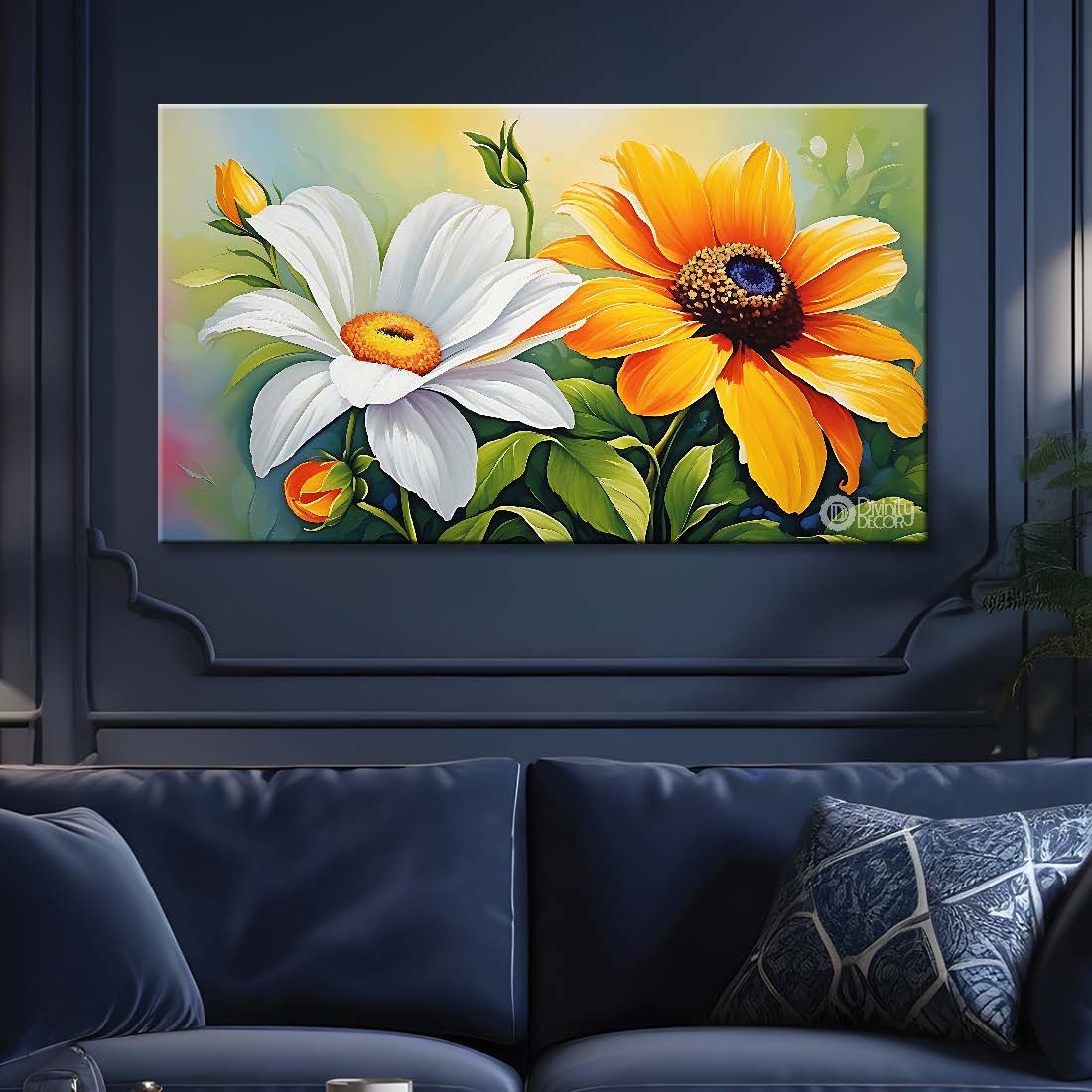Yellow and white green background canvas painting- Flower-688