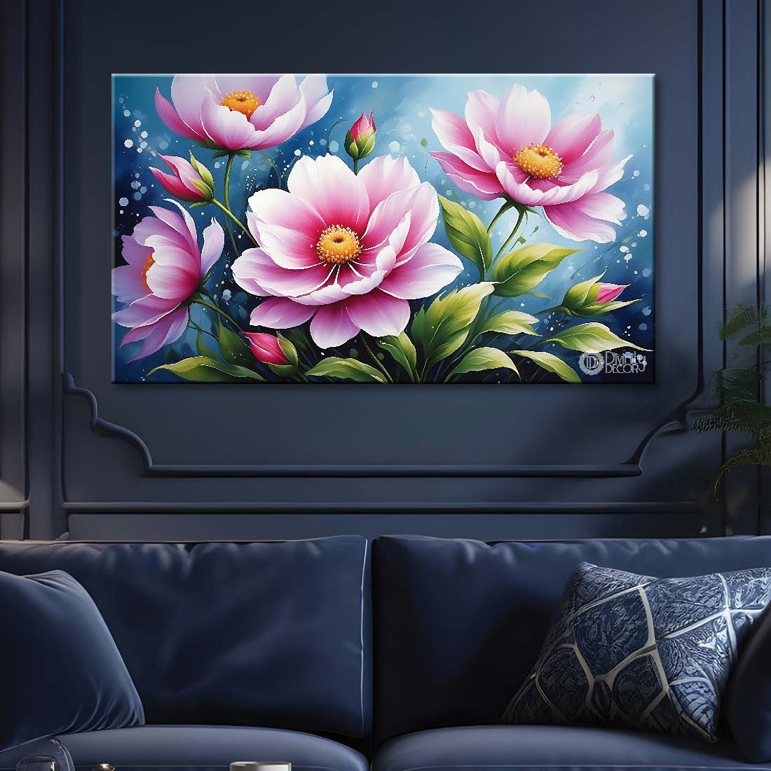 Pink flowers in sky blue background canvas painting- Flower-689