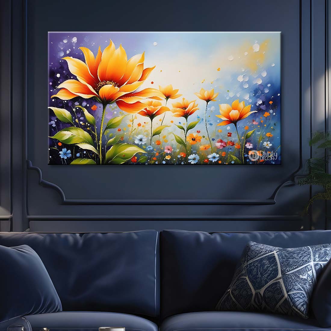 Orange flowers in sky blue background canvas painting- Flower-690