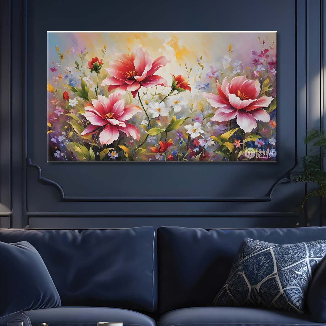 Pink flowers in light background canvas painting- Flower-691