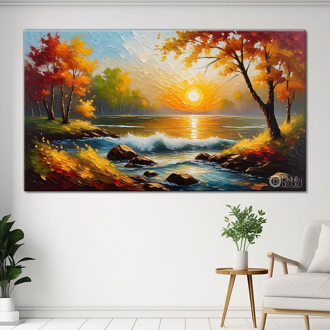 Orange trees and lake painting Canvas Painting - Nature Art -691