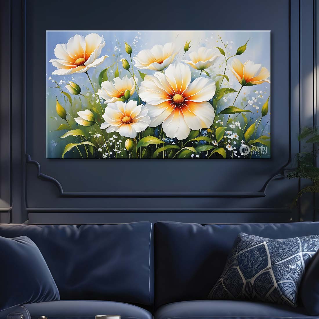 White flowers in sky blue background canvas painting- Flower-692