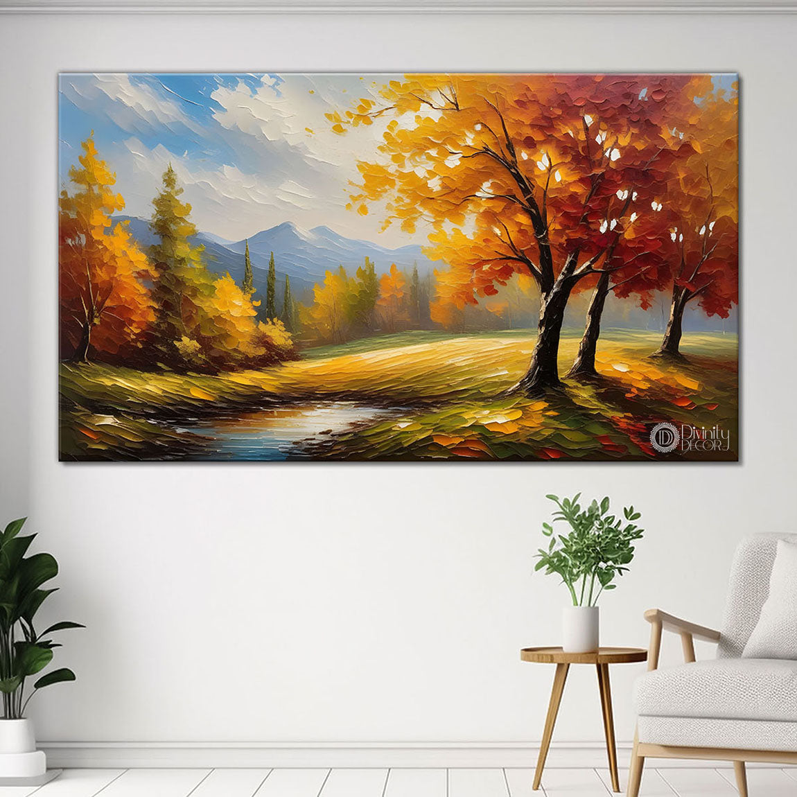 Orange trees with lake textured painting Canvas Painting - Nature Art -694