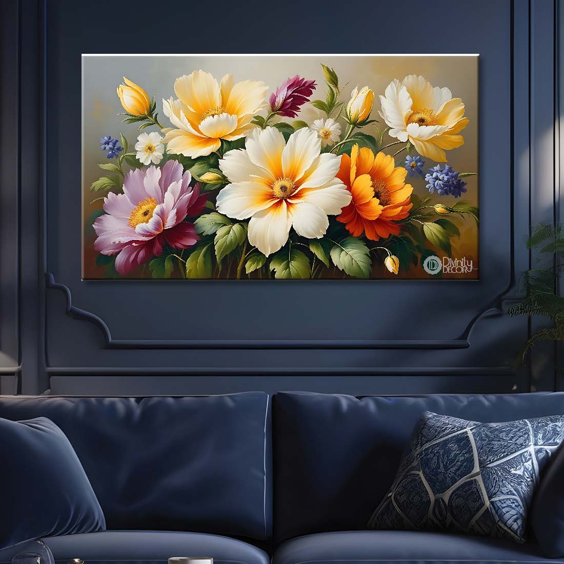 White flowers in grey background canvas painting- Flower-695