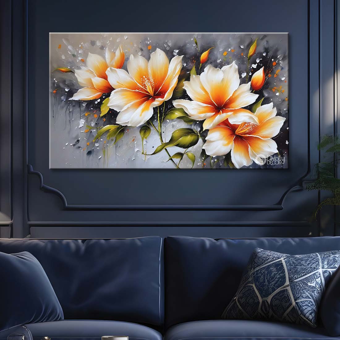 White flowers in grey background canvas painting- Flower-696