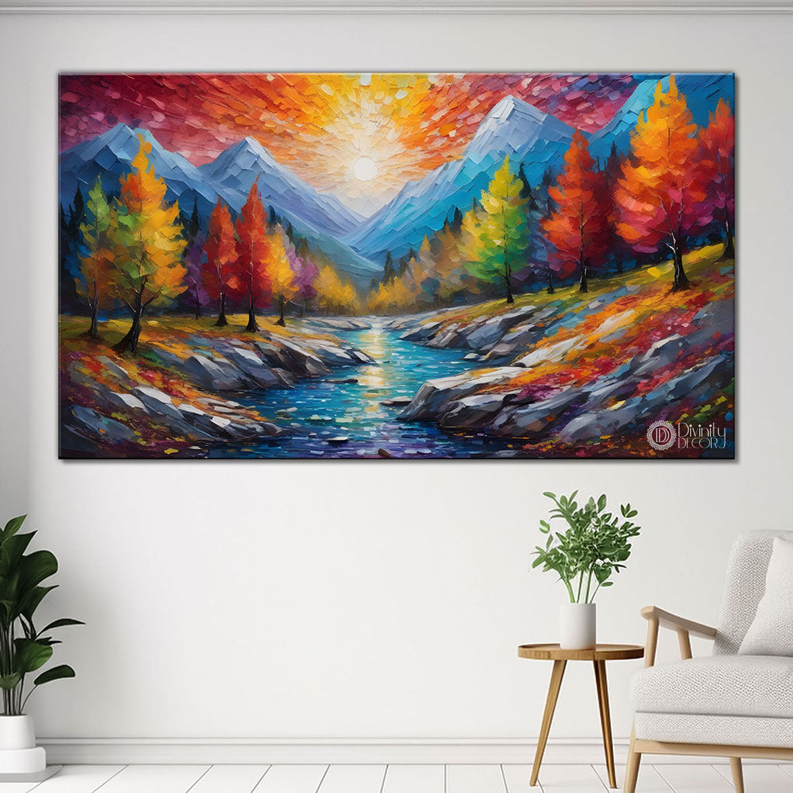 Mountains with colorful trees and lake painting Canvas Painting - Nature Art -696