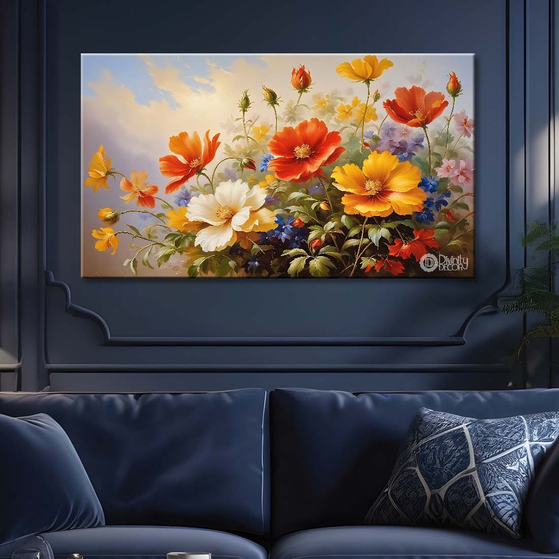 Colorful flowers in grey background canvas painting- Flower-697
