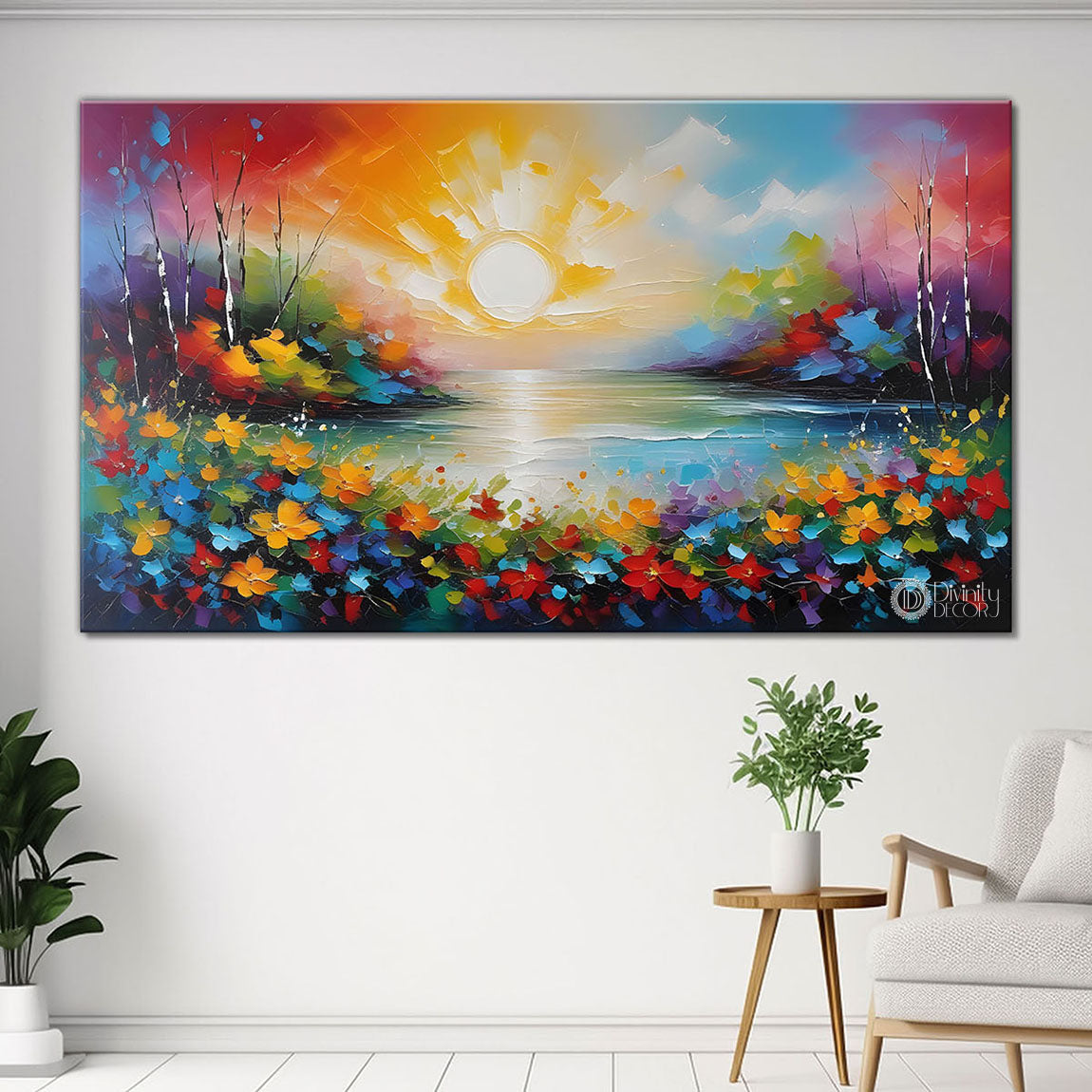 Colorful flowers with lake textured painting Canvas Painting - Nature Art -697