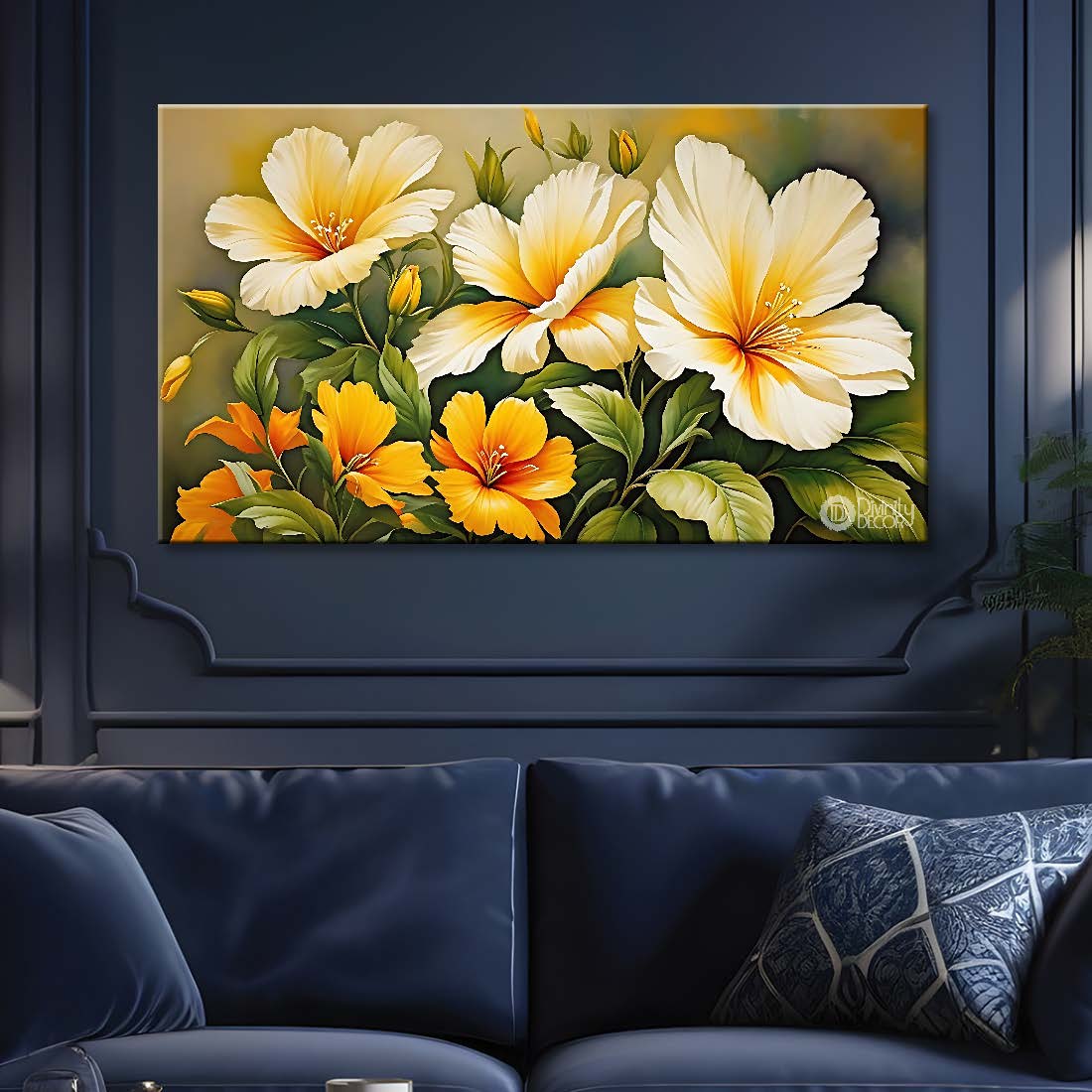 White and yellow flowers in light background canvas painting- Flower-701