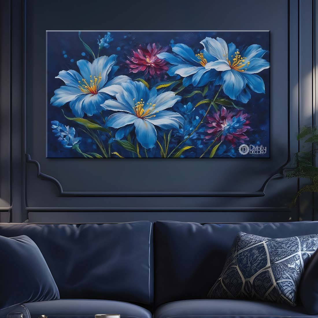 Navy blue flowers in black background canvas painting- Flower-702