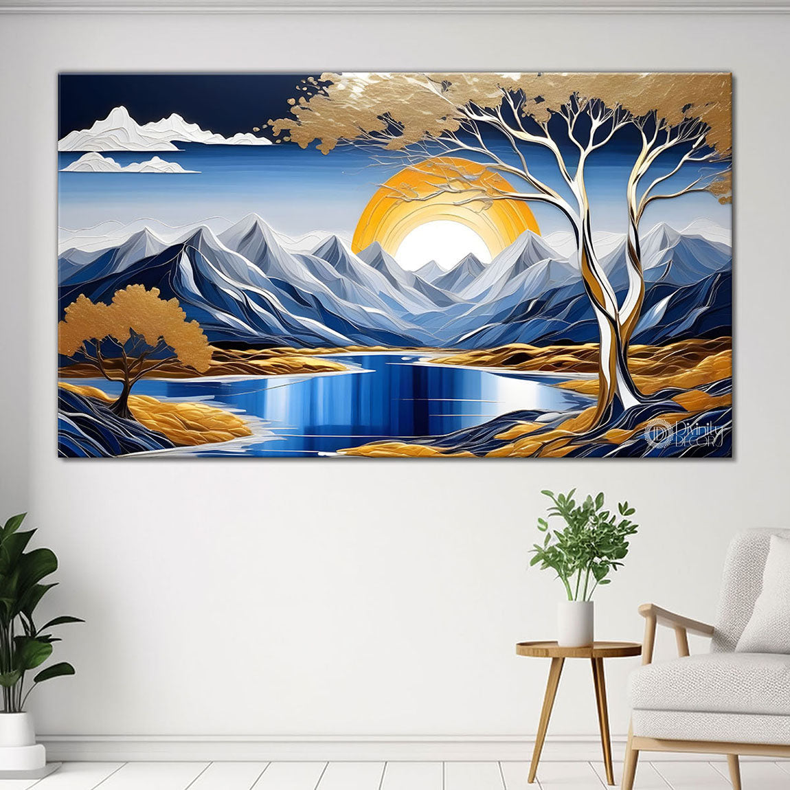 Mountains with moon and trees in golden painting Canvas Painting - Nature Art -702