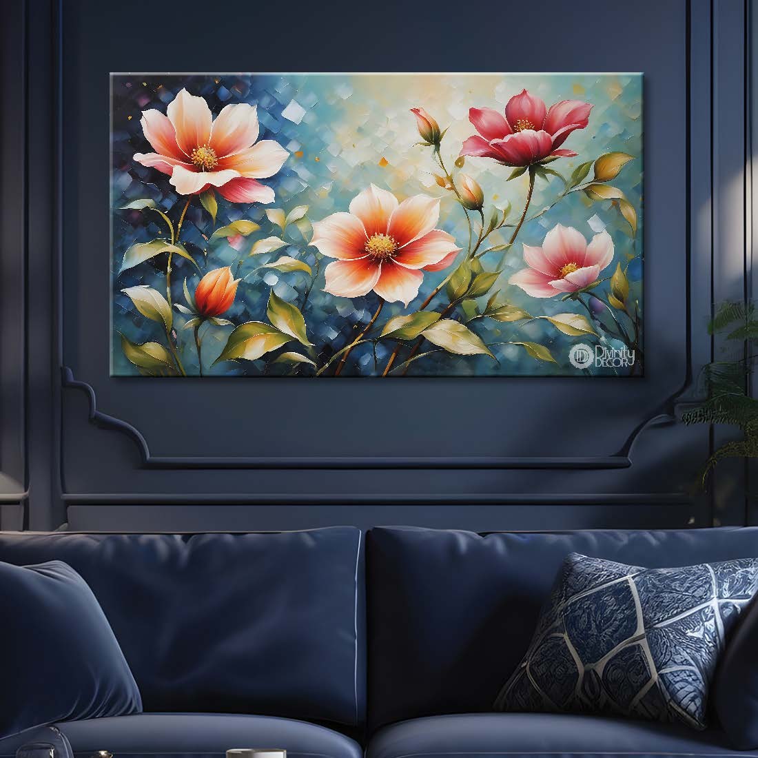 Orange flowers in sky blue background canvas painting- Flower-703