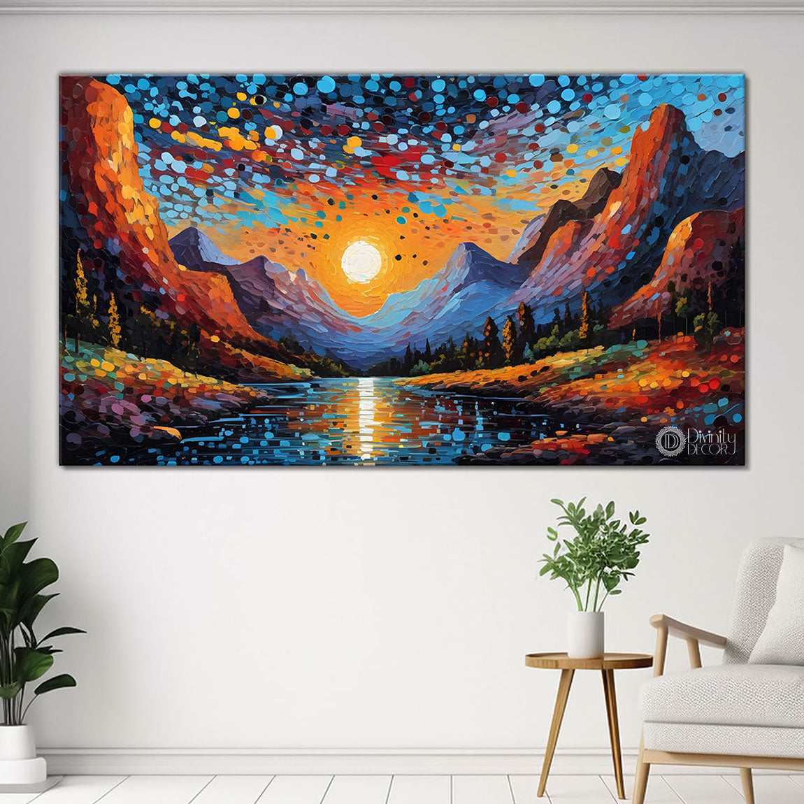 Mountains with sun with lake and stars painting Canvas Painting - Nature Art -703