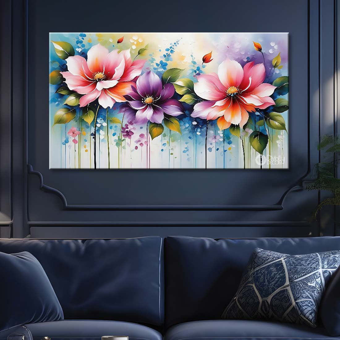 Colorful flowers in sky blue background canvas painting- Flower-704